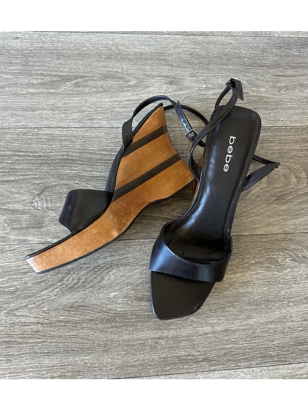 Vintage Y2K Bebe Brown Leather Wood Wedge Platform Sandals Heels Size 10
